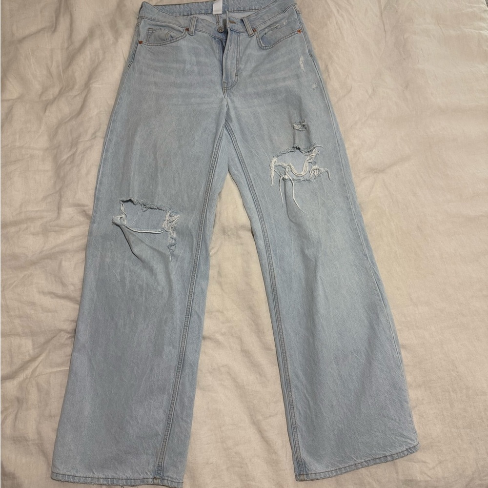 H&M Light Blue Wide Leg Distressed Jeans